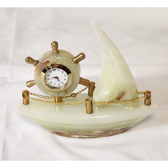 Decorative Collectible Ship Clock Desk Mentel Marble Onyx Handmade Imported NEW - Picture 1 of 9